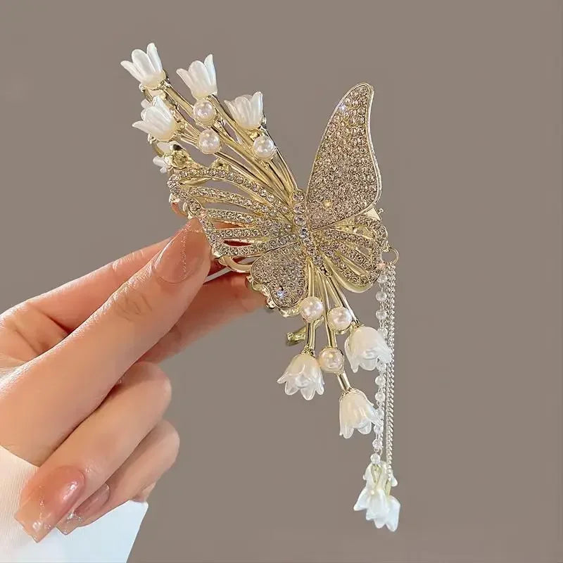 Sweet Butterfly Hair Clip Sparkling Rhinestone Jewelry Hair Accessories Artificial Pearls Women Exquisite Gift Tassel Hair Claws