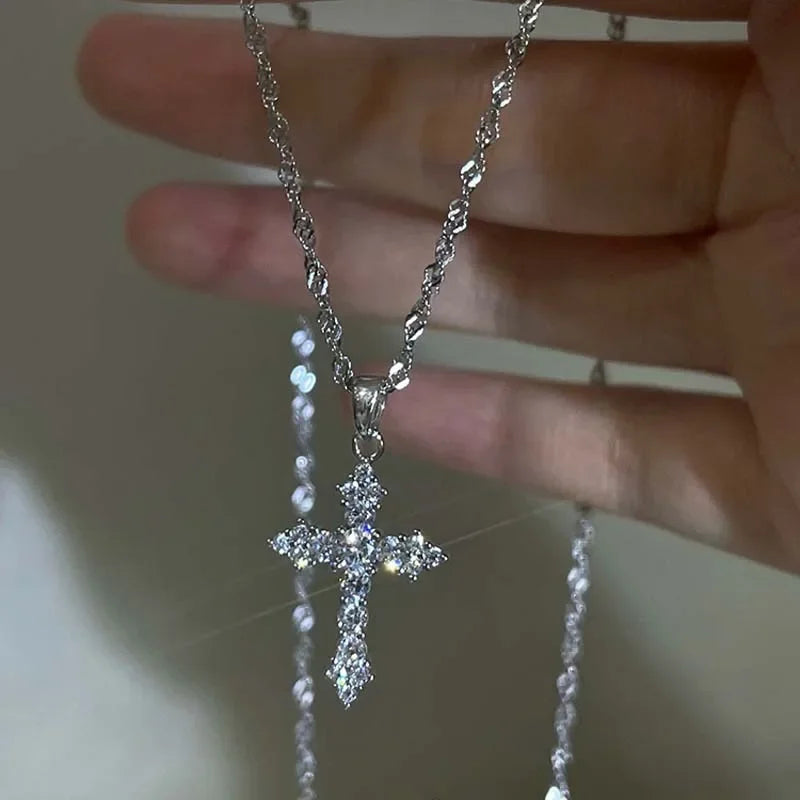 Shiny Crystal Cross Pendant Necklace for Women