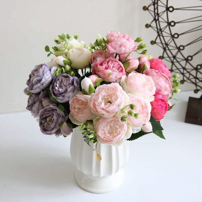 1 Bundle Artificial Roses Flowers Silk Peony Bouquet Home Decoration Accessorie Wedding Party Scrapbook Fake Plants Diy Pompons