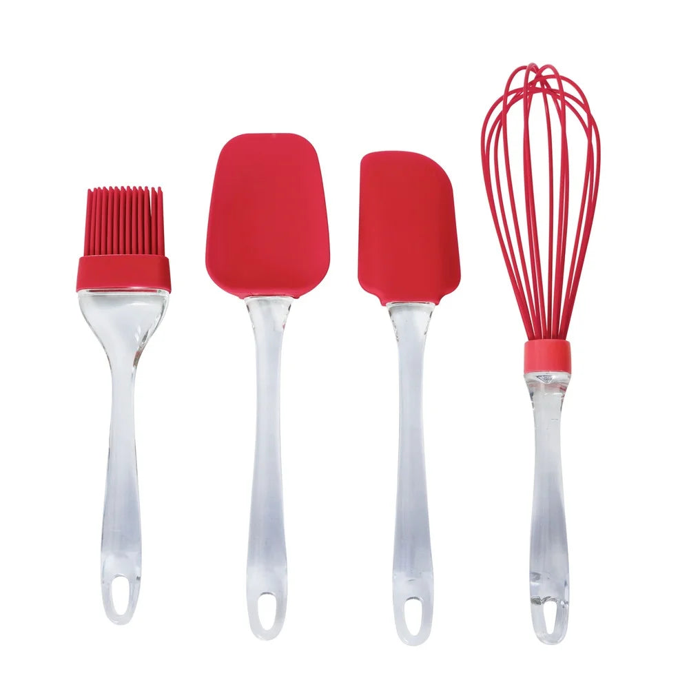 Silicone Kitchen Utensils Set 4 Piece Whisk Spatula Spoon Basting Brush Heat Resistant Easy Clean Dishwasher Safe Cooking Tool