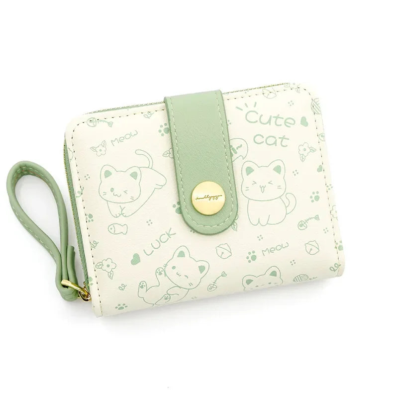 Japanese Cute Cat Girls Wallet Short Student ID Bank Card Holder Money Bag Zipper Wallets For Women Key Storage Purse Coin Purse