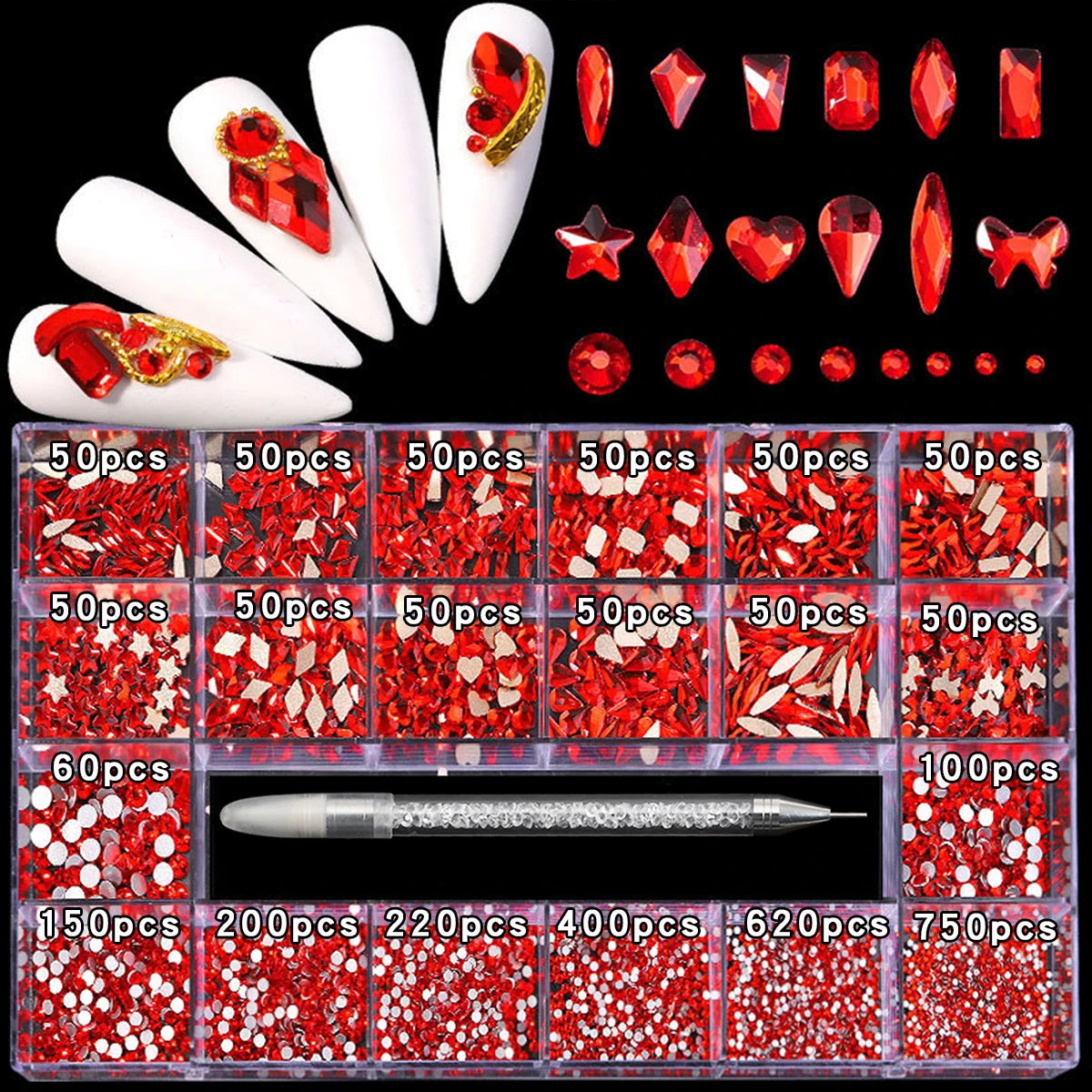 21-Grid Nail Art Rhinestone Set – Multi-Style Flat Bottom Glass Diamonds