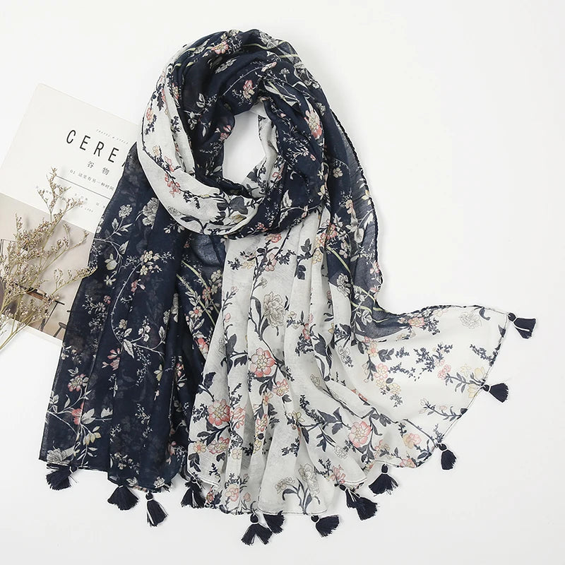Fashion Printing Flower Tassel Shawl Cotton Viscose Scarf Women Beach Sunscreen Shawl Muslim Hijab Wrap Headscarf 180*90cm