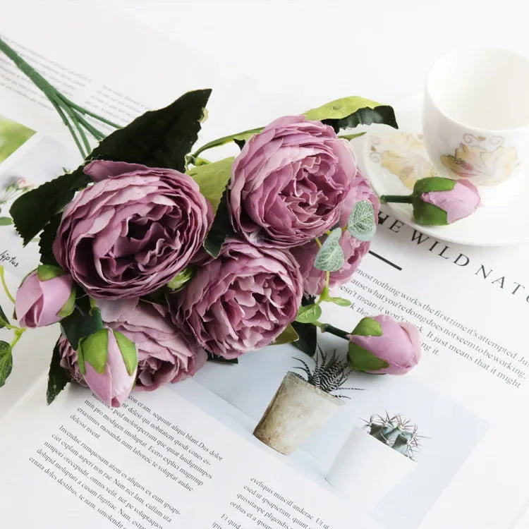 1 Bundle Artificial Roses Flowers Silk Peony Bouquet Home Decoration Accessorie Wedding Party Scrapbook Fake Plants Diy Pompons