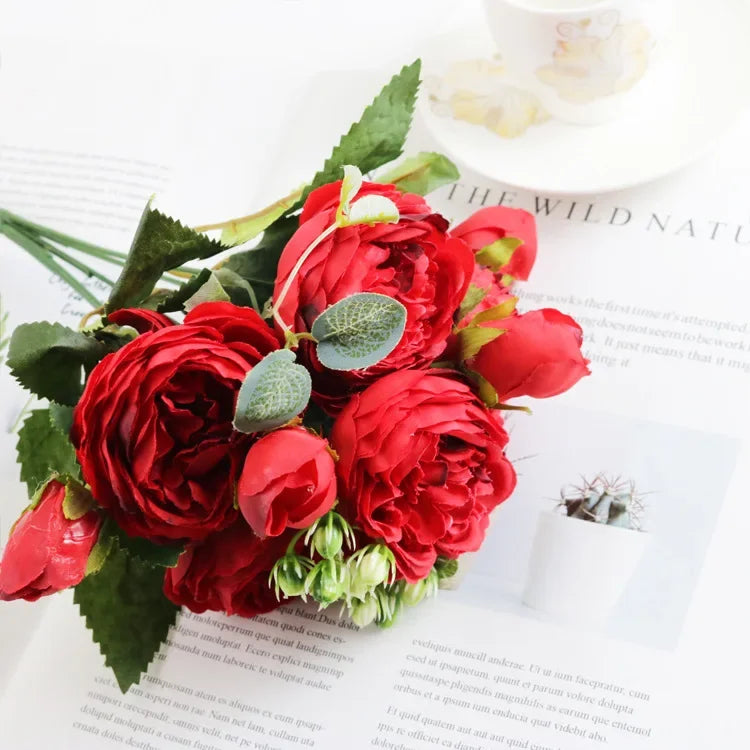 1 Bundle Artificial Roses Flowers Silk Peony Bouquet Home Decoration Accessorie Wedding Party Scrapbook Fake Plants Diy Pompons