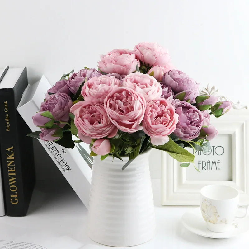 1 Bundle Artificial Roses Flowers Silk Peony Bouquet Home Decoration Accessorie Wedding Party Scrapbook Fake Plants Diy Pompons