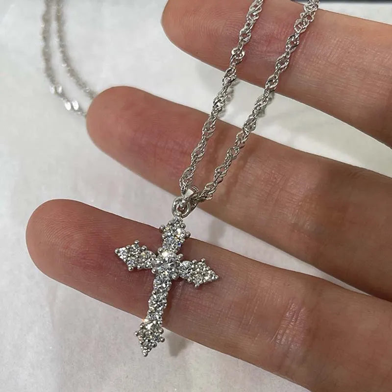 Shiny Crystal Cross Pendant Necklace for Women