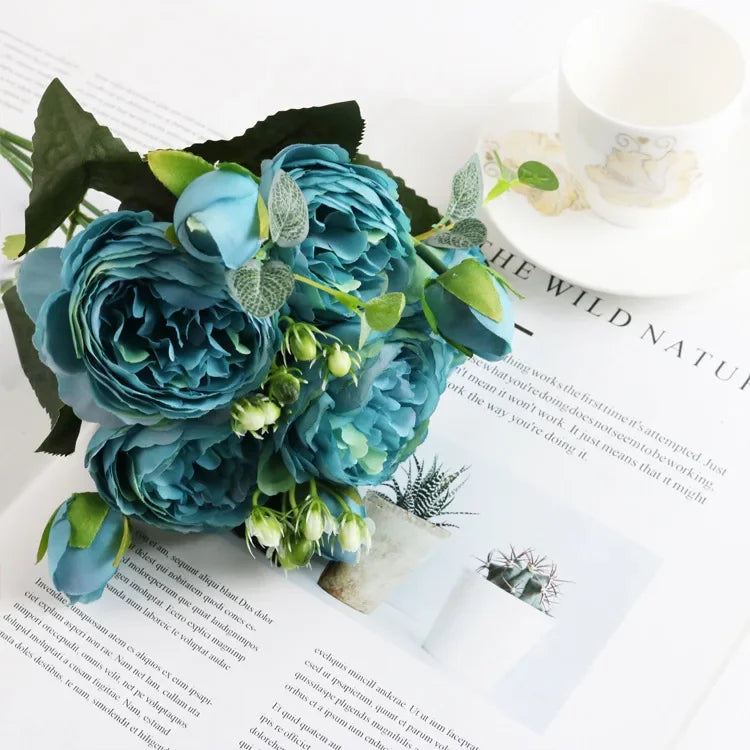 1 Bundle Artificial Roses Flowers Silk Peony Bouquet Home Decoration Accessorie Wedding Party Scrapbook Fake Plants Diy Pompons