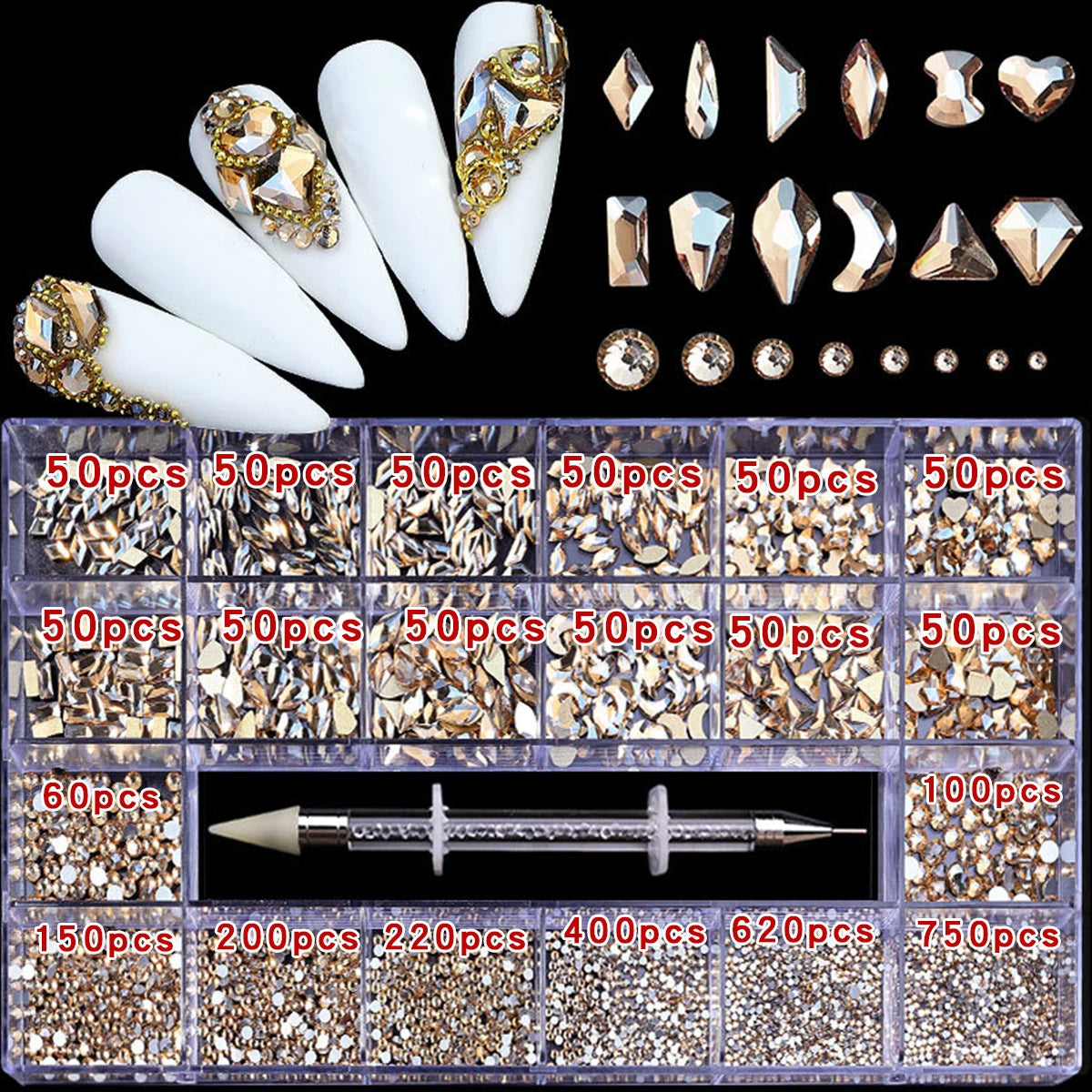 21-Grid Nail Art Rhinestone Set – Multi-Style Flat Bottom Glass Diamonds