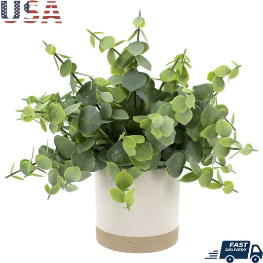 Artificial Eucalyptus Plant in Two-Tone Ceramic Planter 8 Inch Indoor Decorative Houseplant Lush Green Leaves Gift Idea Home