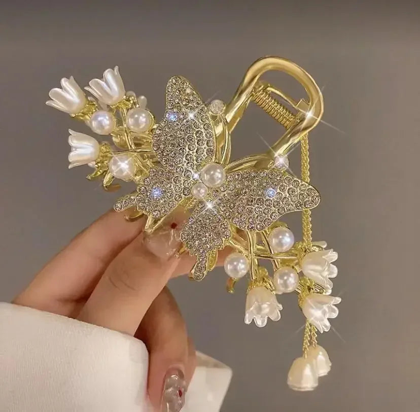 Sweet Butterfly Hair Clip Sparkling Rhinestone Jewelry Hair Accessories Artificial Pearls Women Exquisite Gift Tassel Hair Claws