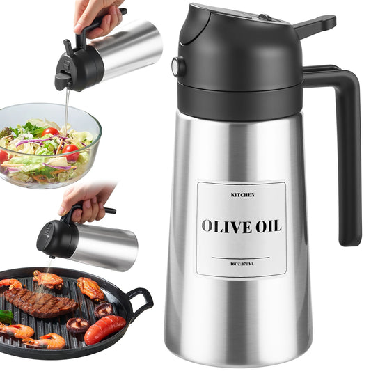 Olive Oil Sprayer for Cooking, 470ml 2 In 1 Oil Dispenser/Pour Bottle, Kitchen Accessories, Kitchen Gadgets for Air Fryer, Salad