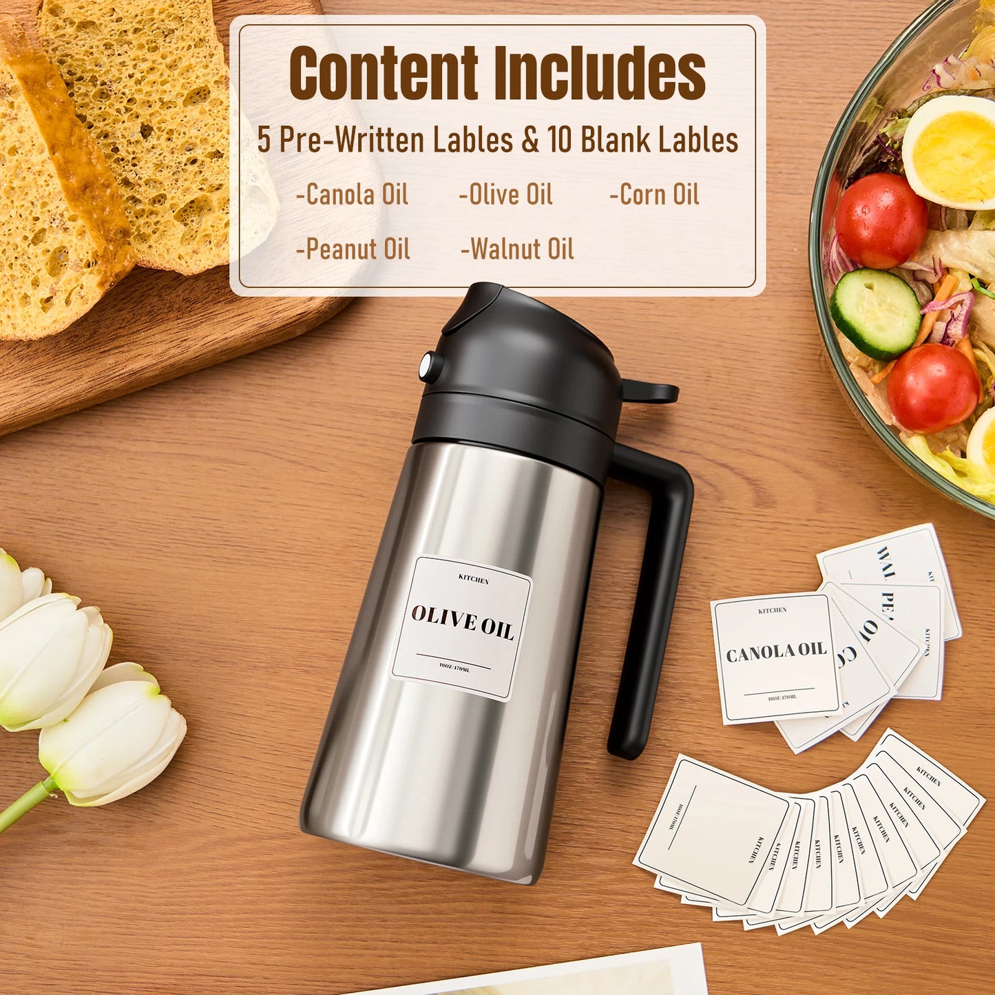 Olive Oil Sprayer for Cooking, 470ml 2 In 1 Oil Dispenser/Pour Bottle, Kitchen Accessories, Kitchen Gadgets for Air Fryer, Salad