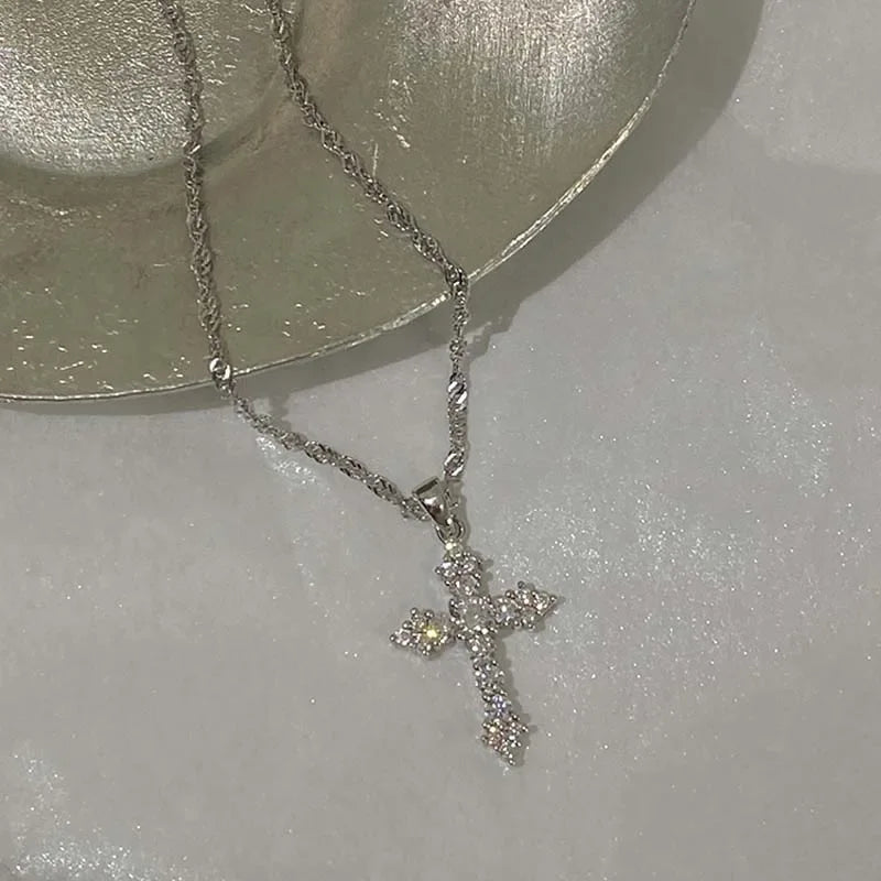 Shiny Crystal Cross Pendant Necklace for Women