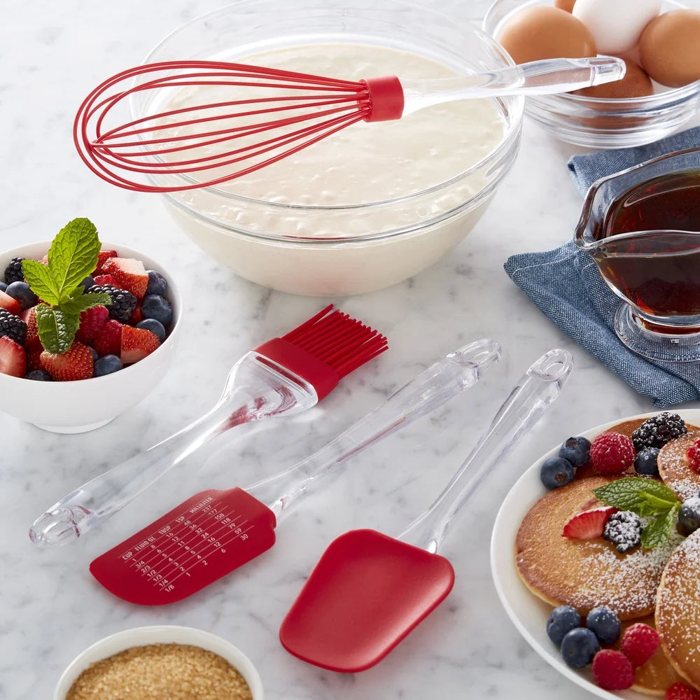 Silicone Kitchen Utensils Set 4 Piece Whisk Spatula Spoon Basting Brush Heat Resistant Easy Clean Dishwasher Safe Cooking Tool