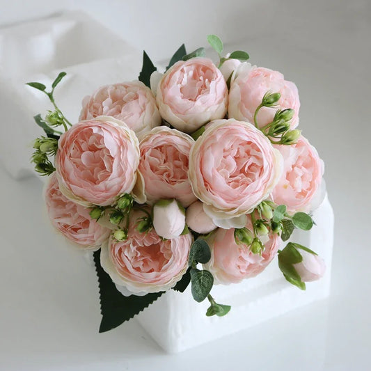 1 Bundle Artificial Roses Flowers Silk Peony Bouquet Home Decoration Accessorie Wedding Party Scrapbook Fake Plants Diy Pompons
