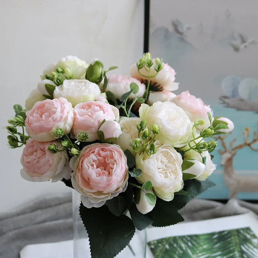 1 Bundle Artificial Roses Flowers Silk Peony Bouquet Home Decoration Accessorie Wedding Party Scrapbook Fake Plants Diy Pompons