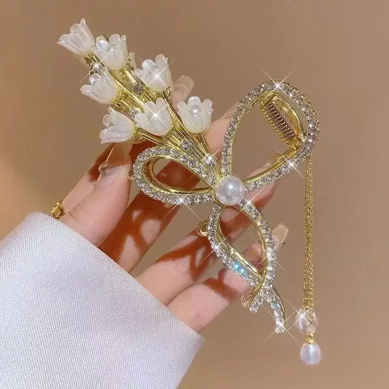 Sweet Butterfly Hair Clip Sparkling Rhinestone Jewelry Hair Accessories Artificial Pearls Women Exquisite Gift Tassel Hair Claws