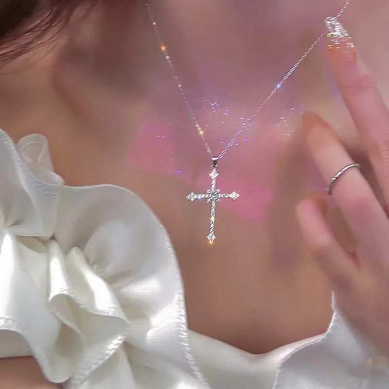 Shiny Crystal Cross Pendant Necklace for Women