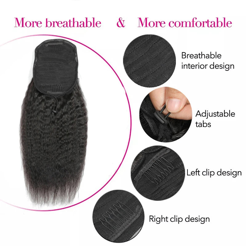 Kinky Straight Ponytail Human Hair Extension 100% Real Human Hair Wrap Around Drawstring In Ponytail Natural Black #1B For Women