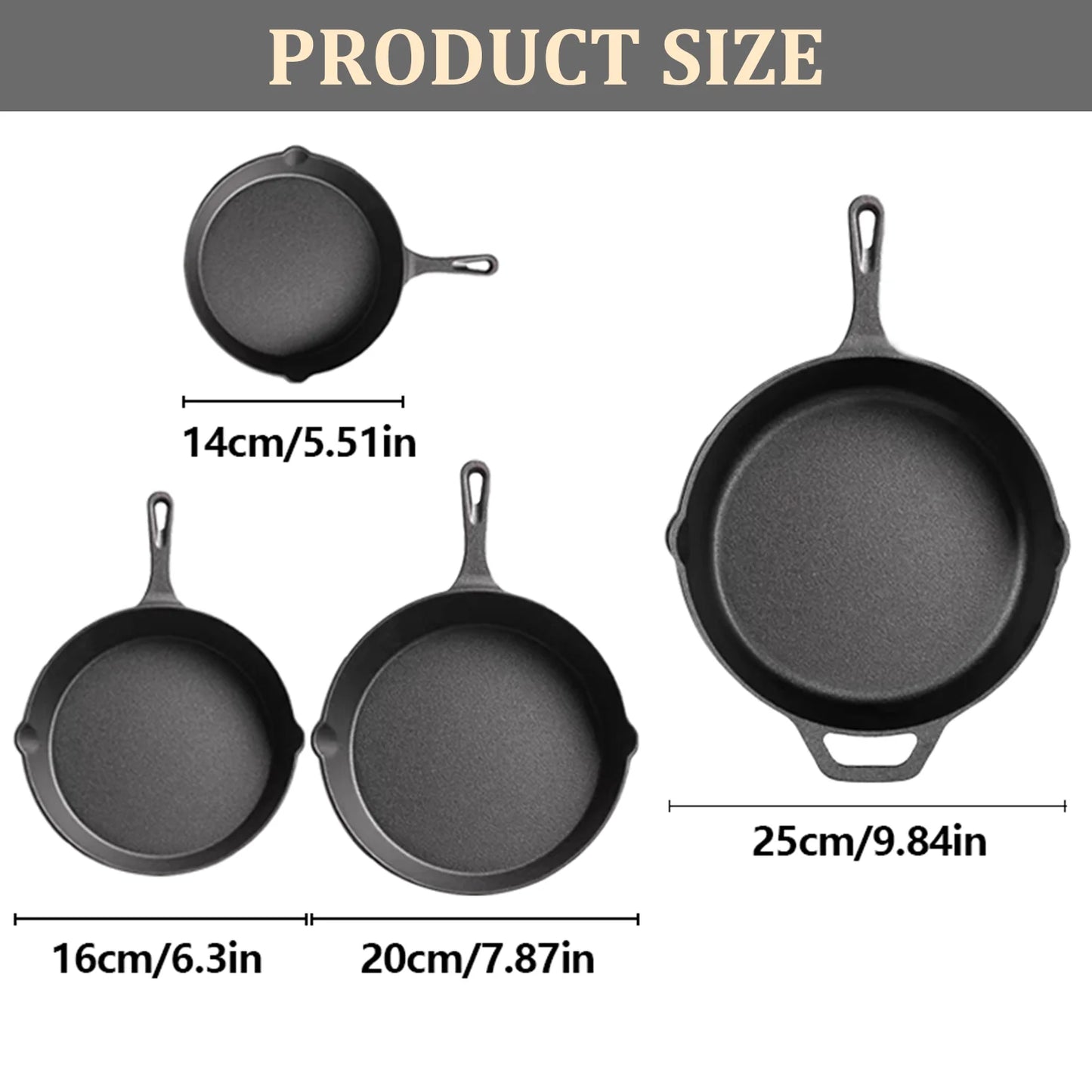 Multi-Size Cast Iron Skillets Set - 6-Inch, 8-Inch, 9-Inch,10-Inch Frying Pans for Every Recipe