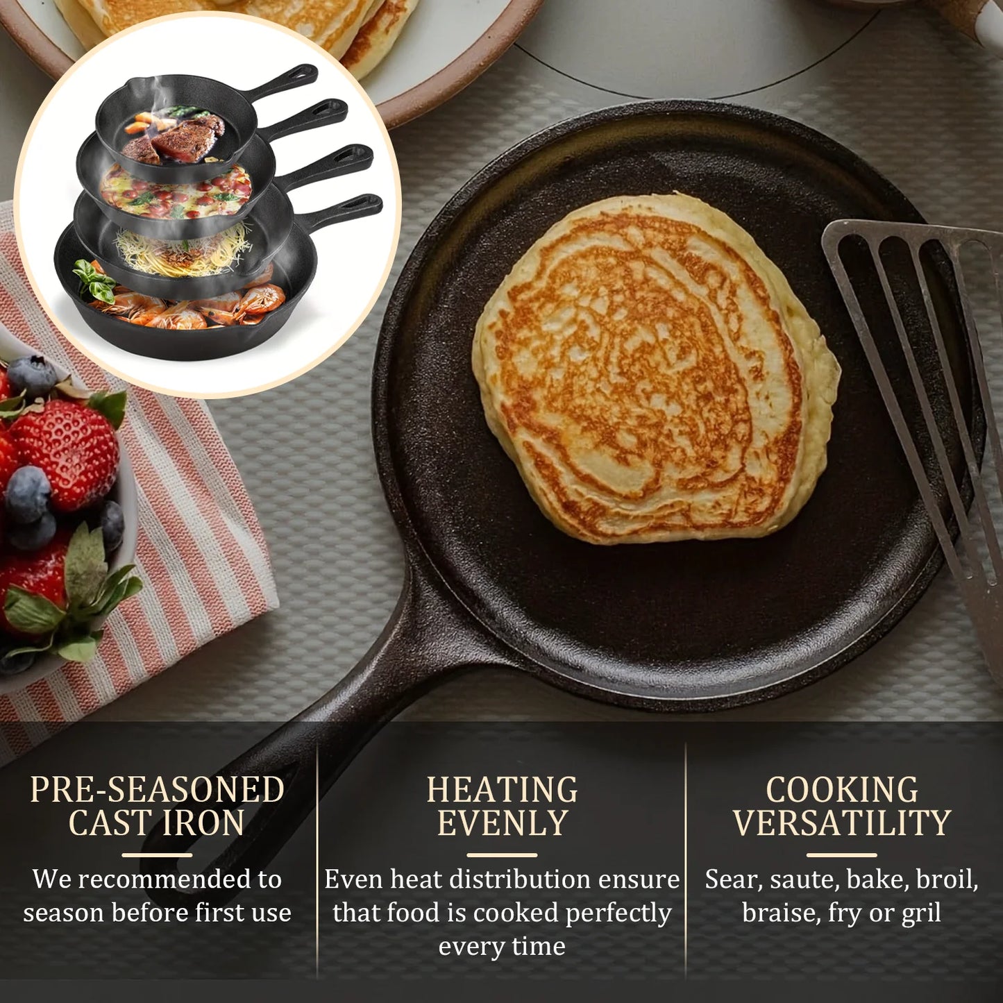 Multi-Size Cast Iron Skillets Set - 6-Inch, 8-Inch, 9-Inch,10-Inch Frying Pans for Every Recipe