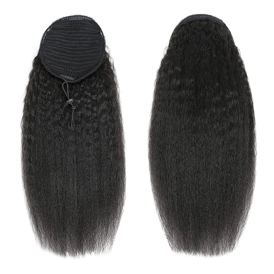 Kinky Straight Ponytail Human Hair Extension 100% Real Human Hair Wrap Around Drawstring In Ponytail Natural Black #1B For Women