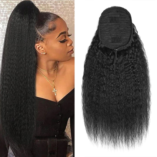 Kinky Straight Ponytail Human Hair Extension 100% Real Human Hair Wrap Around Drawstring In Ponytail Natural Black #1B For Women