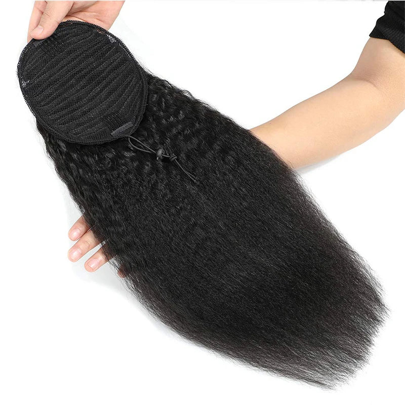 Kinky Straight Ponytail Human Hair Extension 100% Real Human Hair Wrap Around Drawstring In Ponytail Natural Black #1B For Women