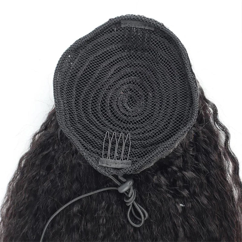 Kinky Straight Ponytail Human Hair Extension 100% Real Human Hair Wrap Around Drawstring In Ponytail Natural Black #1B For Women