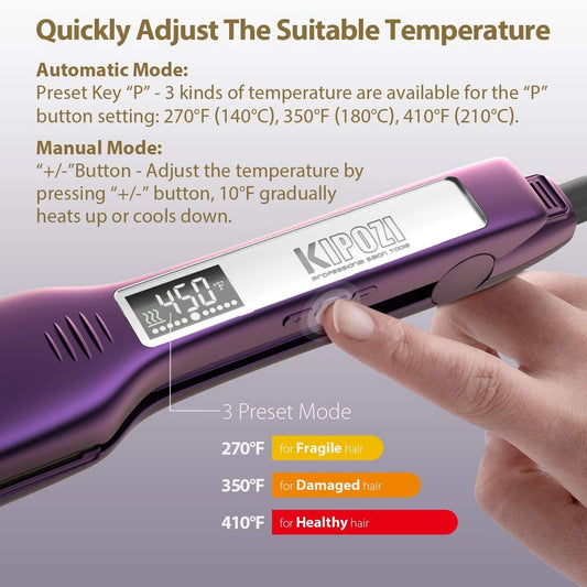 KIPOZI Professional Hair Straightener Titanium Flat Iron with Digital LCD Display Dual Voltage Instant Heating Curling Iron Gift