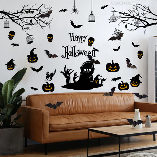 Halloween Haunted House Wall Decal Spooky Ghosts and Pumpkins Wall Art Home Decorations for Halloween Party