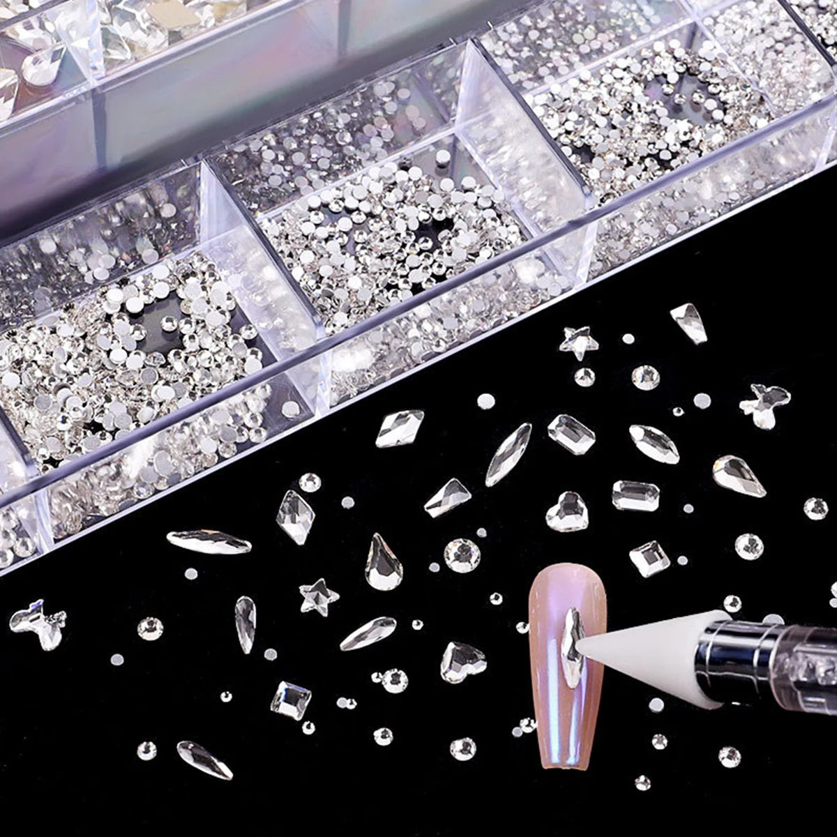 21-Grid Nail Art Rhinestone Set – Multi-Style Flat Bottom Glass Diamonds