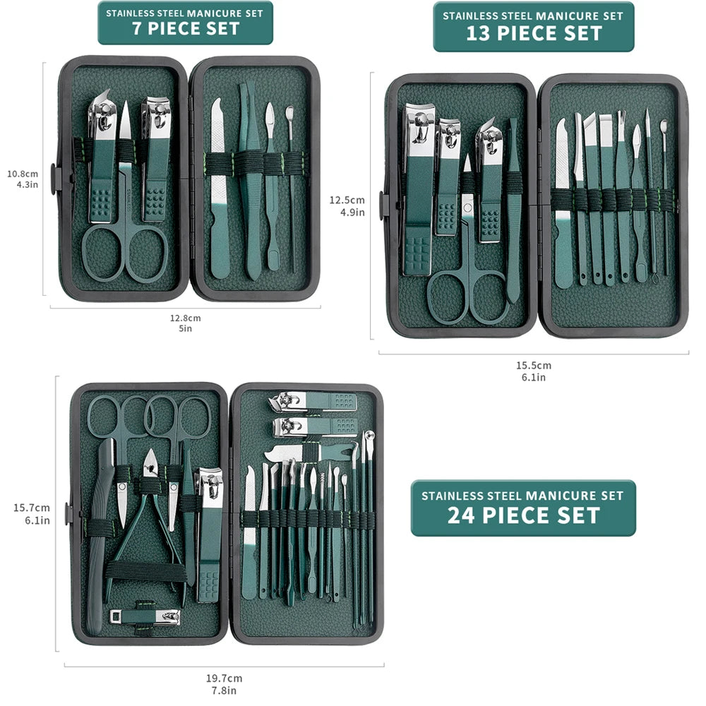Green Stainless Steel Nail Cutter & Pedicure Scissors Set (7/13/24 pcs)
