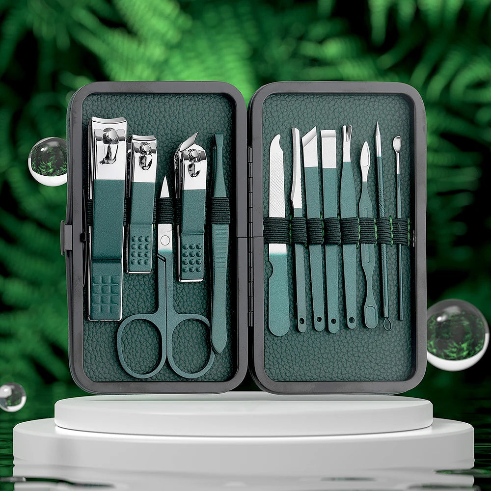 Green Stainless Steel Nail Cutter & Pedicure Scissors Set (7/13/24 pcs)