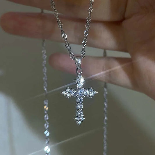 Shiny Crystal Cross Pendant Necklace for Women