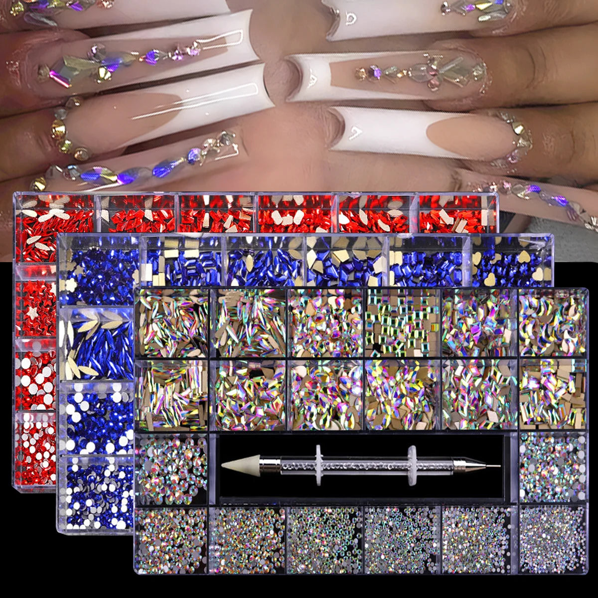 21-Grid Nail Art Rhinestone Set – Multi-Style Flat Bottom Glass Diamonds
