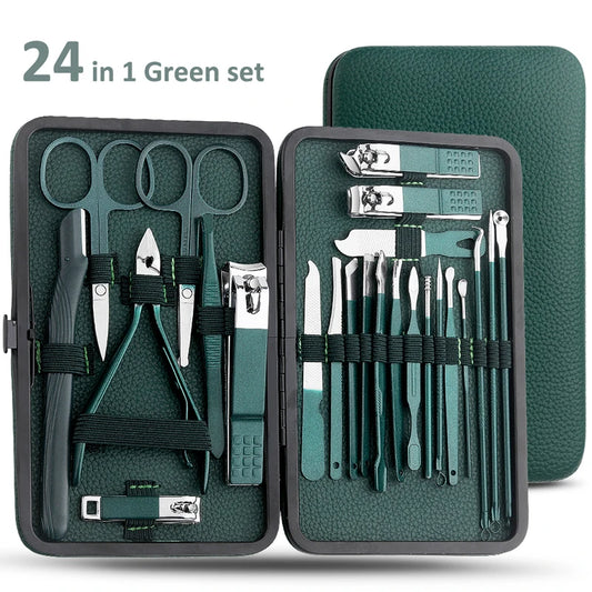 Green Stainless Steel Nail Cutter & Pedicure Scissors Set (7/13/24 pcs)