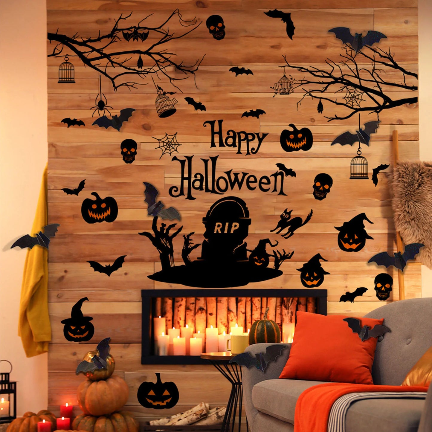 Halloween Haunted House Wall Decal Spooky Ghosts and Pumpkins Wall Art Home Decorations for Halloween Party
