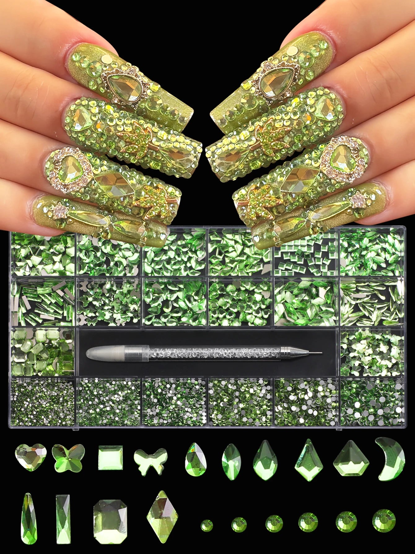 21-Grid Nail Art Rhinestone Set – Multi-Style Flat Bottom Glass Diamonds