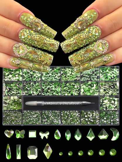 21-Grid Nail Art Rhinestone Set – Multi-Style Flat Bottom Glass Diamonds