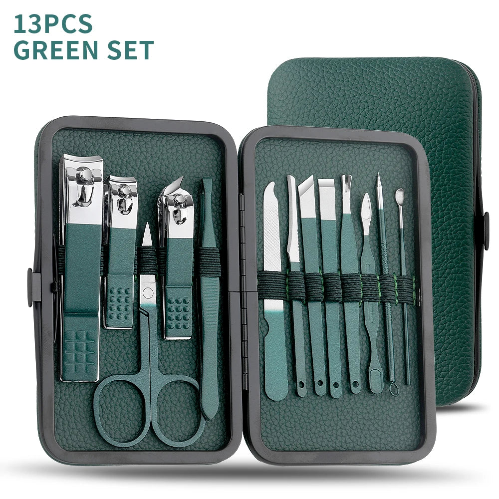 Green Stainless Steel Nail Cutter & Pedicure Scissors Set (7/13/24 pcs)
