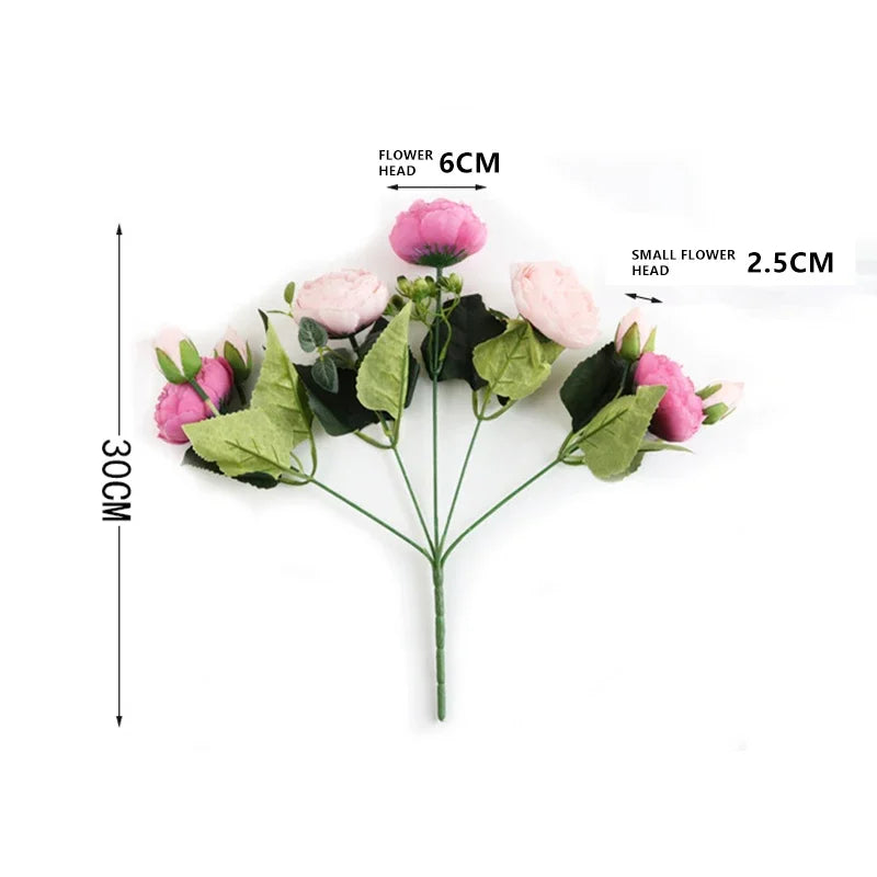 1 Bundle Artificial Roses Flowers Silk Peony Bouquet Home Decoration Accessorie Wedding Party Scrapbook Fake Plants Diy Pompons