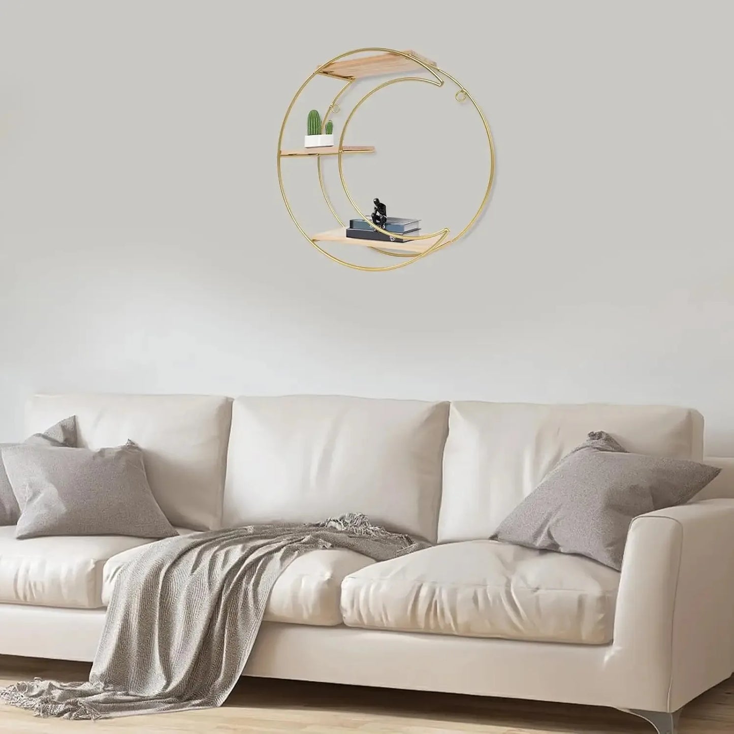 Floating Shelves for Wall-3 Tier Decorative Geometric Circle Metal and Wood Decorative Wall Shelves, Bathroom Shelf Round Decor