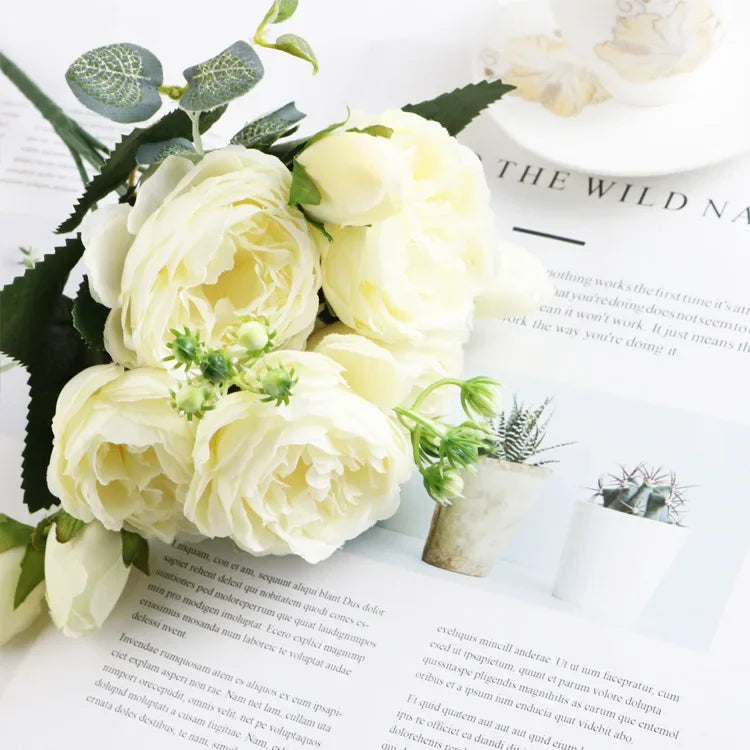 1 Bundle Artificial Roses Flowers Silk Peony Bouquet Home Decoration Accessorie Wedding Party Scrapbook Fake Plants Diy Pompons