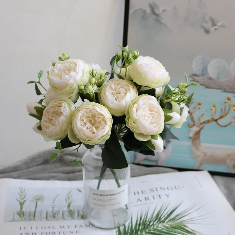 1 Bundle Artificial Roses Flowers Silk Peony Bouquet Home Decoration Accessorie Wedding Party Scrapbook Fake Plants Diy Pompons