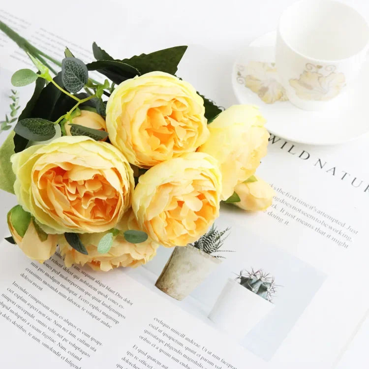1 Bundle Artificial Roses Flowers Silk Peony Bouquet Home Decoration Accessorie Wedding Party Scrapbook Fake Plants Diy Pompons