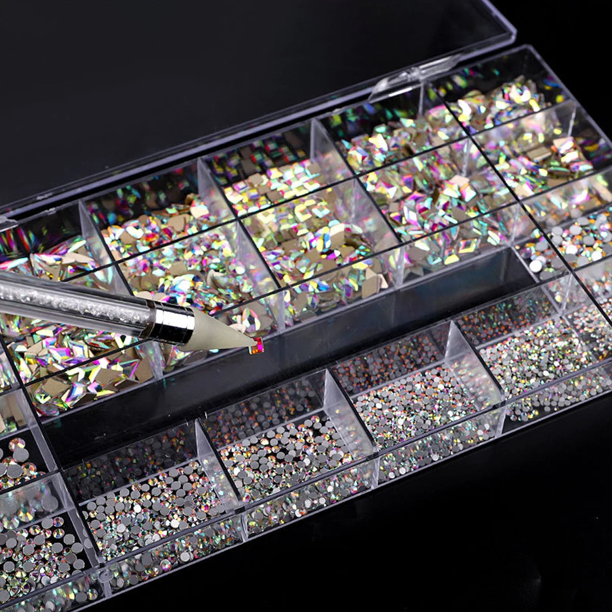 21-Grid Nail Art Rhinestone Set – Multi-Style Flat Bottom Glass Diamonds