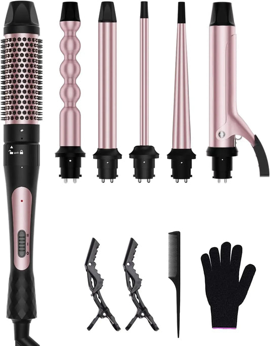 6-in-1 Curling Iron Wand Set with Thermal Brush & Ceramic Barrels