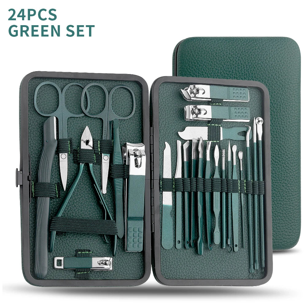 Green Stainless Steel Nail Cutter & Pedicure Scissors Set (7/13/24 pcs)